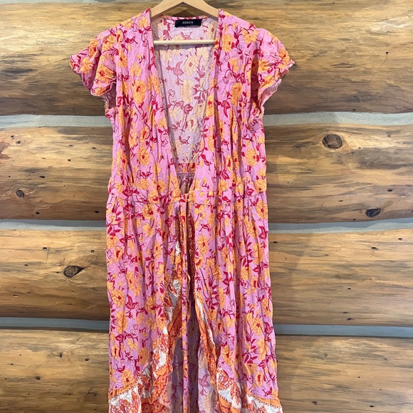 ZESICA WOMEN'S PINK ORANGE FLORAL PRINT WRAP DRESS BOHO BEACH FLOWY - Picture 3 of 6